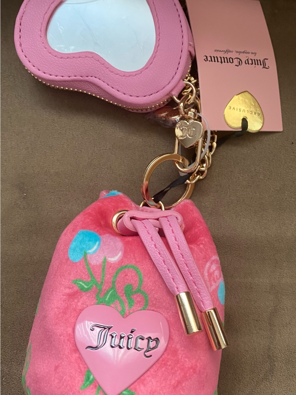 Juicy Couture Pink Floral Heart Pom-Pom Bag Charm